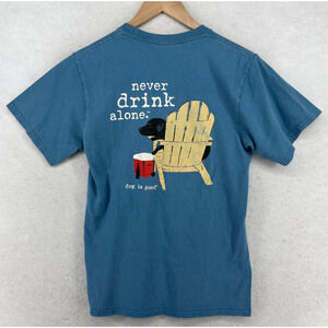 DOG IS GOOD Shirt Adult S Never Drink Alone Short Sleeve Black Lab Cotton Blue